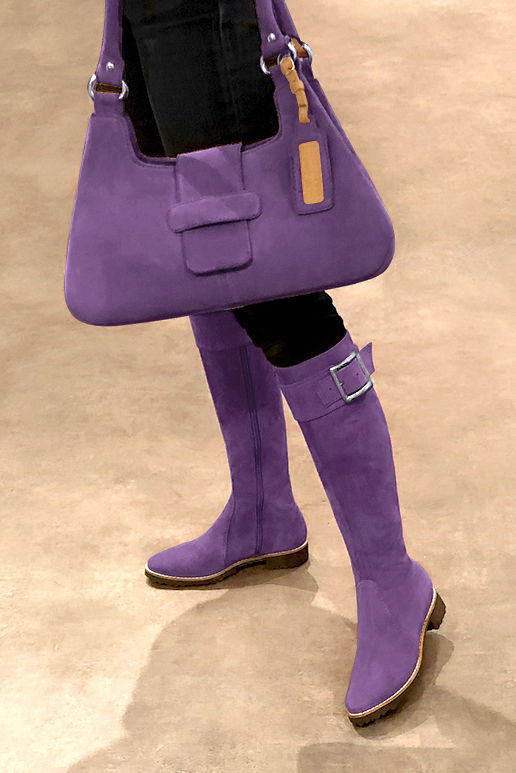 Amethyst purple women's riding knee-high boots. Round toe. Flat rubber soles. Made to measure. Worn view - Florence KOOIJMAN